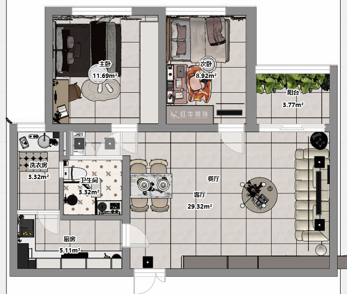 朱明琪｜金鼎灣花園1-2-2004-87㎡-現(xiàn)代簡(jiǎn)約風(fēng)格｜2室2廳1衛(wèi)｜老房裝修｜定制家｜全包10萬｜00_03平面彩圖