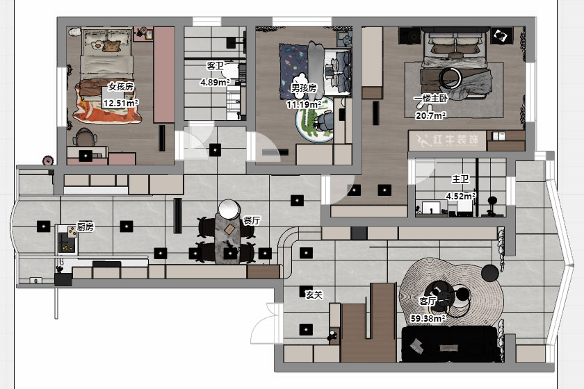 仇美蓉｜梅花山莊36-3-605-132㎡-簡約風格｜3室2廳2衛(wèi)｜老房裝修｜定制家｜全包18萬｜00_05平面彩圖