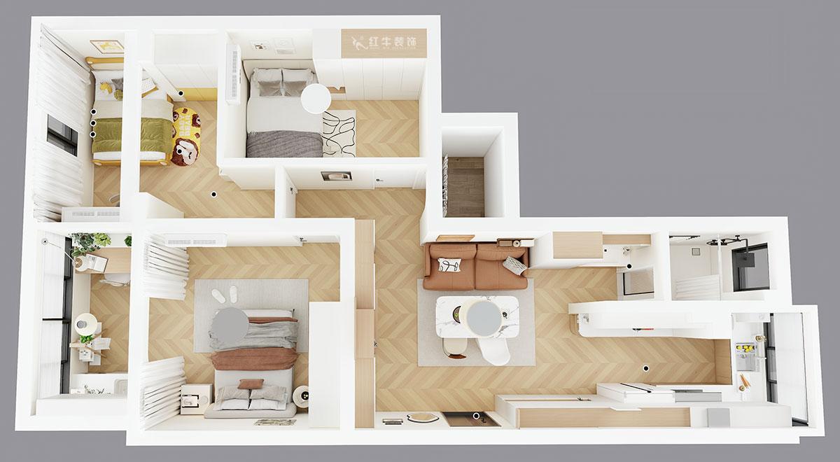 朱明琪｜金基公寓4-105-73㎡-原木風(fēng)格｜3室1廳1衛(wèi)｜老房改造｜定制家｜全包11萬(wàn)｜00_04鳥瞰圖