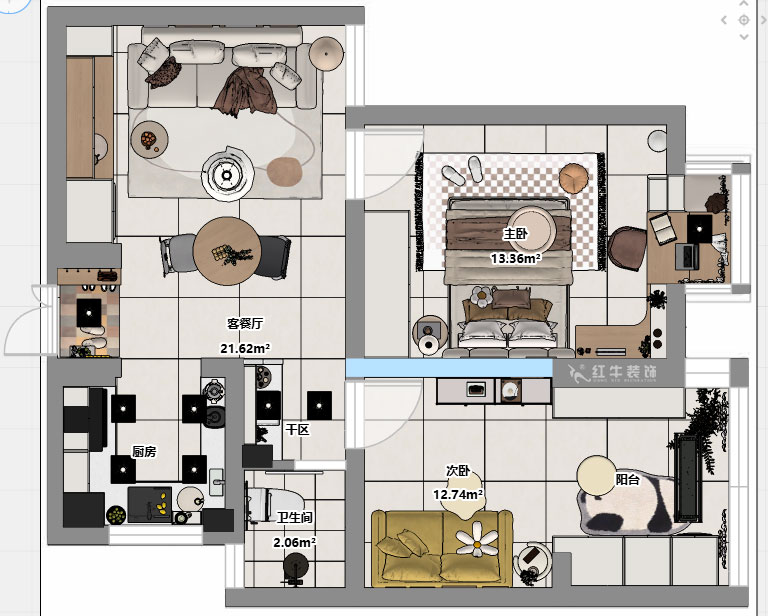 朱明琪｜燕江新城山水苑10-2-1007-68㎡-簡(jiǎn)約風(fēng)格｜2室1廳1衛(wèi)｜老房裝修｜定制家｜全包8萬｜00_03平面彩圖