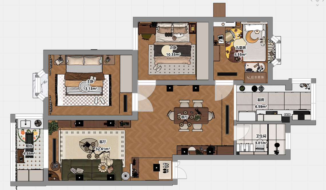 朱彥｜林業(yè)大學(xué)一村2-204-90㎡-現(xiàn)代簡約風(fēng)格｜3室2廳1衛(wèi)｜老房改造｜定制家｜全包12萬｜00_03平面彩圖