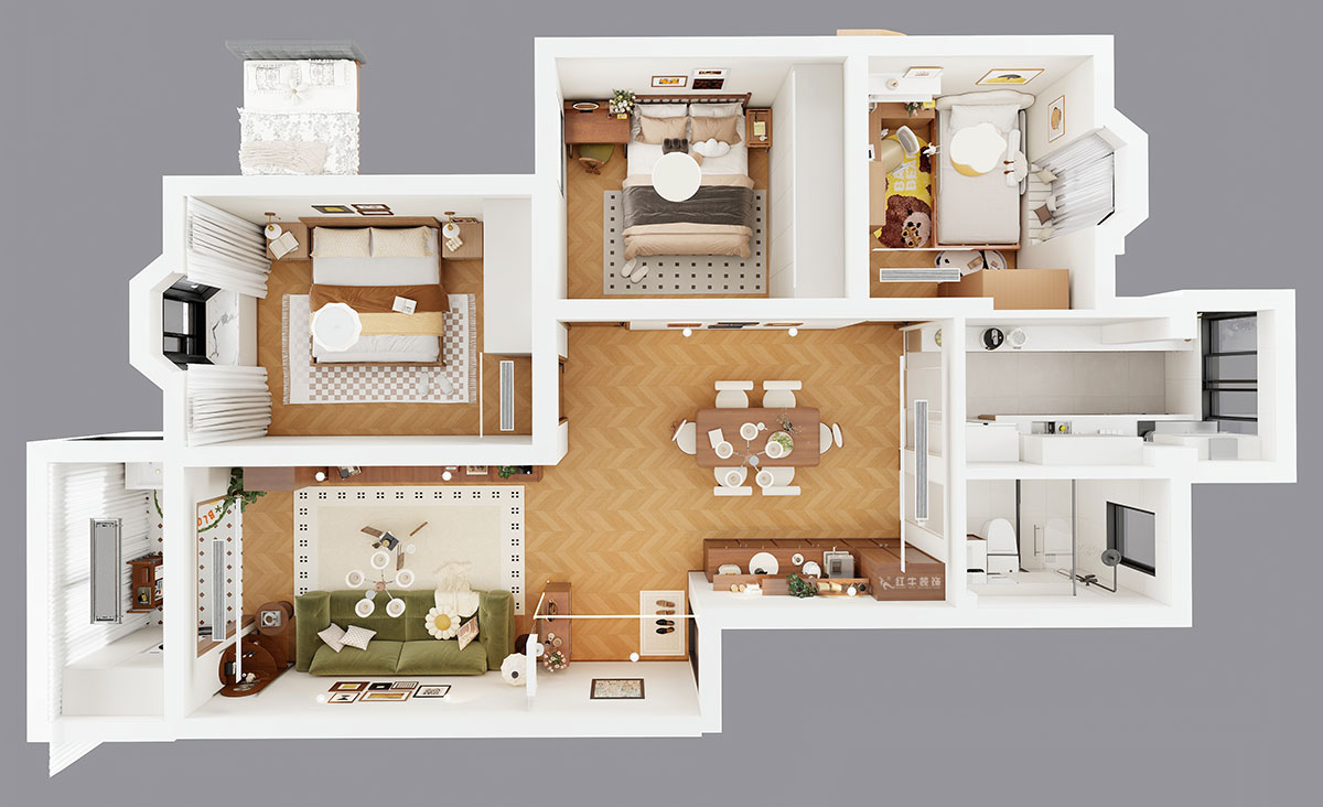 朱彥｜林業(yè)大學(xué)一村2-204-90㎡-現(xiàn)代簡約風(fēng)格｜3室2廳1衛(wèi)｜老房改造｜定制家｜全包12萬｜00_04鳥瞰圖