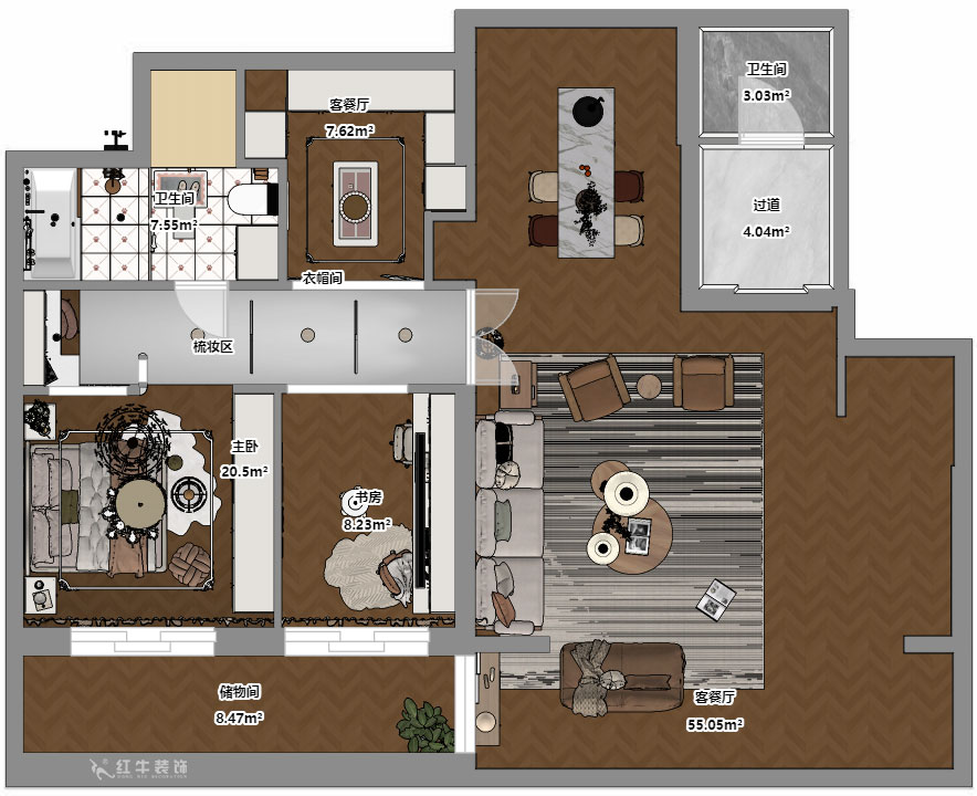 蔣琛｜通宇·潤(rùn)悅府5-2-104-130㎡-美式復(fù)古風(fēng)格｜3室2廳1衛(wèi)｜新房裝修｜定制家｜全包15萬(wàn)｜00_03平面彩圖