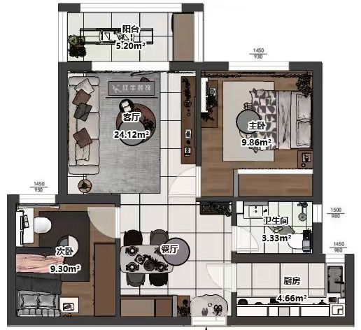 吳波｜新江雅苑1-702-70㎡-現(xiàn)代簡(jiǎn)約風(fēng)格｜2室2廳1衛(wèi)1廚1陽(yáng)臺(tái)｜舊房裝修｜定制家｜全包8萬(wàn)｜00_03平面彩圖