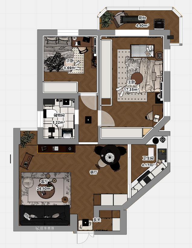 孟憲濤｜金寶花園5-2701-82㎡-簡約中古風格｜2室1廳1衛(wèi)｜老房裝修｜定制家｜全包10萬｜00_03平面彩圖