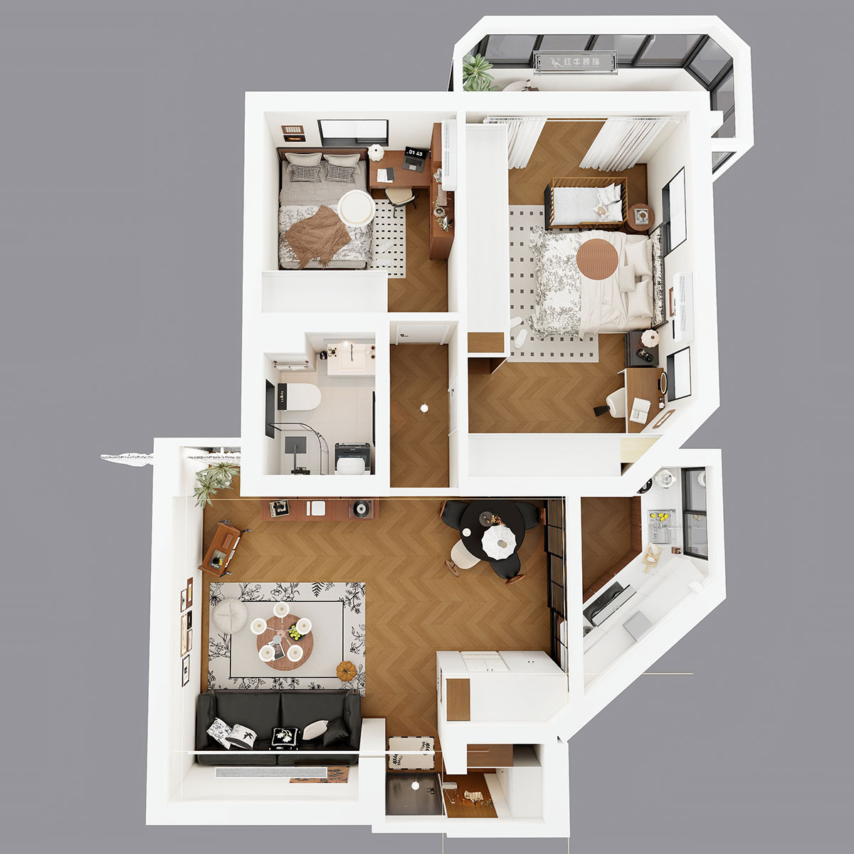 孟憲濤｜金寶花園5-2701-82㎡-簡約中古風格｜2室1廳1衛(wèi)｜老房裝修｜定制家｜全包10萬｜00_04鳥瞰圖